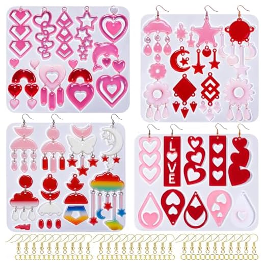 4 Pack Heart Resin Earring Mold Love Heart Star Shape Earring Silicone Molds for Mother's Day UV Casting Epoxy Silicone Molds Jewelry Earring Making Kit with 200 Earring Hook for DIY Crafts Keychains