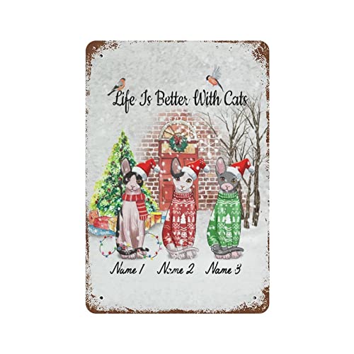 Cat Dad Gifts Metal Signs Metal Signs Customized Outdoor Life Is Better With Cats Personalize Cat's Name Tin Plaque Plate Retro Vintage For Home Coffee Wall Decor 8"X12" #TOP25