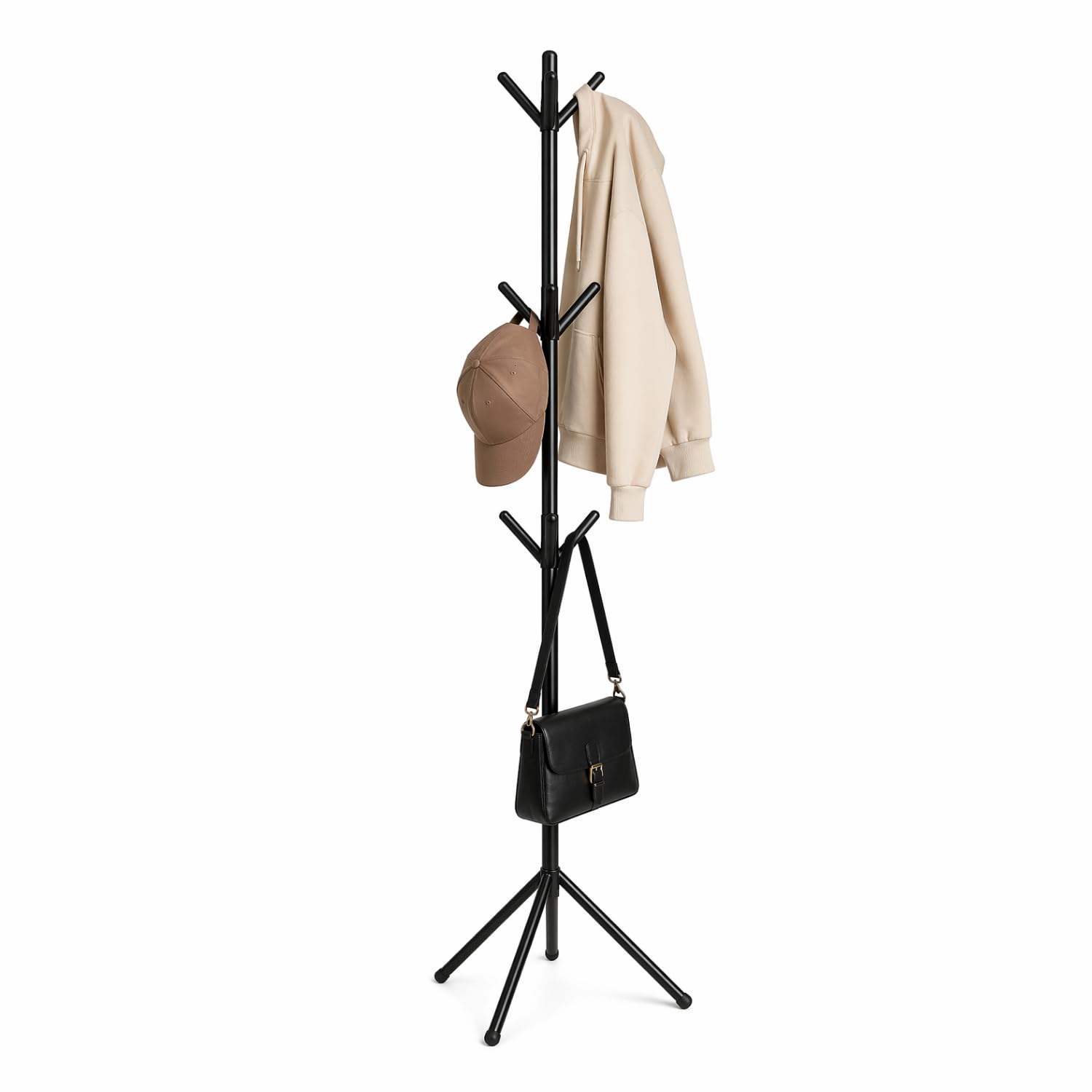 PALUPLUS Appendiabiti da Terra con 9 Ganci di colore Nero, Altezza 162 cm, Struttura in Metallo a Forma di Albero per Cappotti, Cappelli e Borse, Attaccapanni da Ingresso per Casa e Ufficio -3509F -3