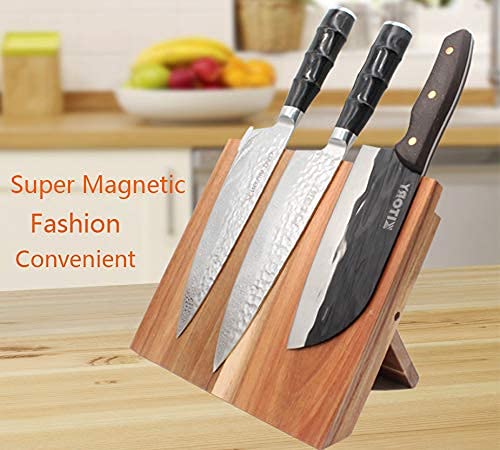 Kitory Knife Stand Magnetic Knife Block Acacia Wood Knife Storage Board Kitchen Knives Holder Wooden Cutlery Display Stand Storage Rack With One Side Magnetic, No Need To Assemble(9.5'' W * 8.58'' L) #TOP2