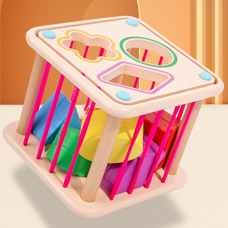 Image of Practical Life Wooden Geometric Shape Shaker Match & Post /Push & Pull Toys for Toddlers 3-6 Years Old Montessori Infant Baby Toys Girls & Boys Blocks Baby Birthday Gift (Color A)