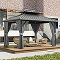 GarveeLife 10x12ft Double Roof Hardtop Gazebo, Heavy Duty Galvanised Steel Hardtop Pavilion with Nettings and Curtains, Aluminum Gazebo for Patio, Terrace, Lawn and Deck, Grey