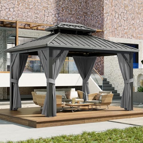 10x12ft Double Roof Hardtop Gazebo, Heavy Duty Galvanised Steel Hardtop Pavilion with Nettings and Curtains, Aluminum Gazebo for Patio, Terrace, Lawn and Deck, Grey