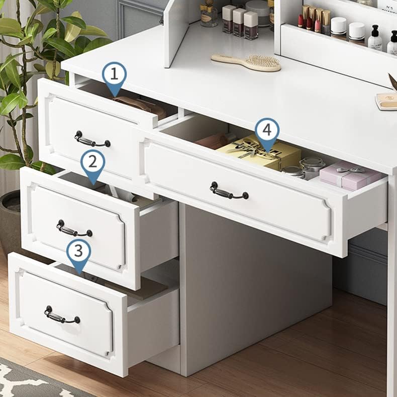 Close-up of the LITFAD vanity desk drawers, with some drawers open showing their interior and numbered labels indicating different storage compartments.