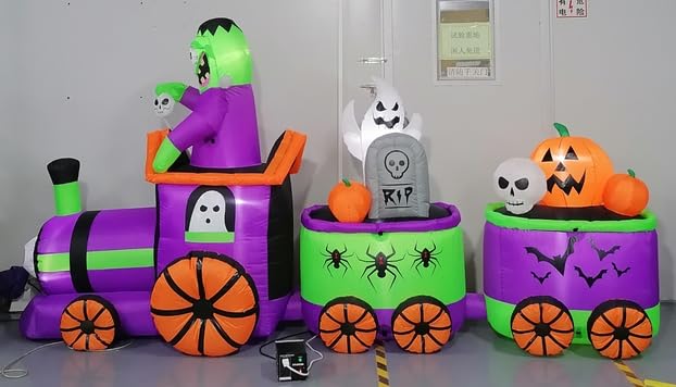 Train gonflable Halloween 3m lumineux XXL avec citrouilles et fantôme pour grand jardin