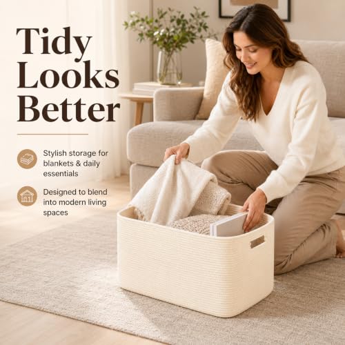 Image of 19.2GAL Sturdy Large Laundry Basket with Handles for Bathroom, Dorm Dirty Clothes, Portable Aesthetic Boho Cute Woven Storage Cushion Blanket Baskets for Living Room Decor Girls Boys Pets Toys Beige