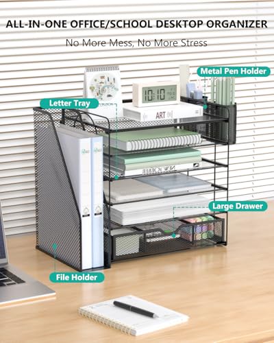 Image of WALI Desk File Organizer, 6 Tier Desktop Paper Letter Tray Organizer with Drawer and 2 Pen Holders, Office Desk Accessories & Workspace Organizers for Office, Home Supplies(DO007DH-B), 1 Pack, Black