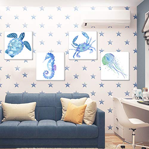 Texture Of Dreams Watercolor Sea Animals Painting On Canvas Wall Art, Sea Turtle Seahorse Crab Jellyfish, Blue Ocean Theme Baby Nursery Boy Room Wall Decor, 4 Pack (10" X 10") #TOP1
