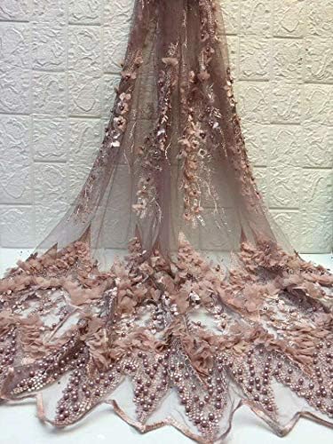 Milylace 3D Flower French Lace Fabric 5 Yards Embroidery Nigerian Tulle lace Fabric with Beads and Stones for Wedding Party (Pink)