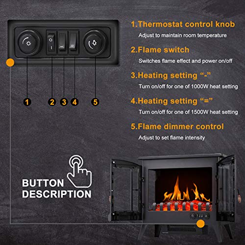 Image of R.W.FLAME Electric Fireplace Infrared Stove Heater, 23 inch Freestanding Fireplace Heater, 3D Realistic Flame Effects, Adjustable Brightness and Heating Mode, Overheating Safe Design, 1000W /1500W, Black
