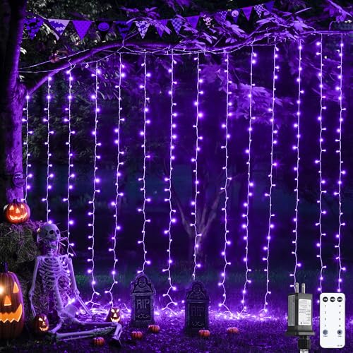 Image of JMEXSUSS 300LED Purple Halloween Lights, 9.8x9.8ft Curtain Lights Plug in | With Remote, 8 Modes, Hanging String Lights for Indoor, Outdoor, Bedroom, Window, Party, Backdrop, Xmas, Halloween Decoration