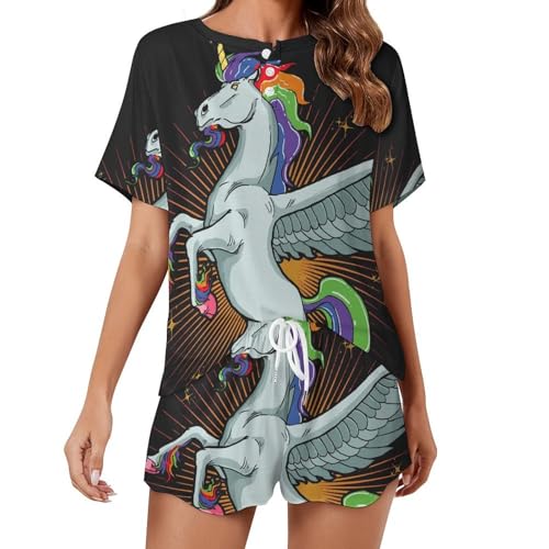 Pyjama pour femme manches courtes ensemble de nuit été motif licorne
