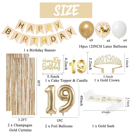 Image of Trgowaul Happy 19th Birthday Decorations for Girls, Banner, Sash and Crown, Cake Topper, 19 Number Balloon, Fringe Curtains, Champagne Gold 19th Birthday Party Supplies