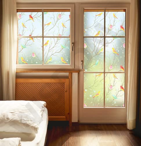 Image of WISDOM Privacy Window Film Frosted Glass Film Glass Film No Glue Anti-UV Window Sticker Non Adhesive for Privacy Office Meeting Room Bathroom Living Room (Color Birds Frosted, 12 x 100 inch)