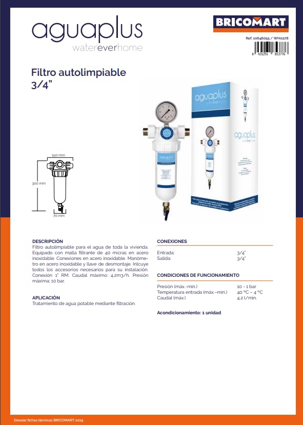 Suinga FILTRO AUTOLIMPIABLE semiautomático, con filtro de malla d acero inosidable lavable de 40 micras, Conexión de 3/4" macho de acero. Conexión 1/4" para manómetro incluido