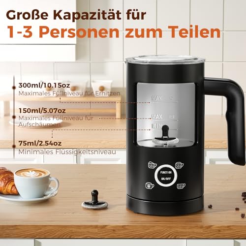 YASHE 4-IN-1 Edelstahl Milchaufschäumer, 10oz/300ml Milchschäumer für Perfekte Lattes, Cappuccinos, Macchiato & Heiße Schokolade, Schnell & Einfach zu Reinigen, mit Dichtem Samtigem Schaum – Bild 2