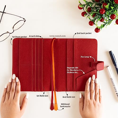 Image of NEORAH - B6 Notebook SLEEVE with SNAP Button - [ SLEEVE ONLY ]|Vegan Leather|Office Diary Holder with Penloop| 2 Front & 1 Back Pocket | 6 Card Slots |2 BookMarks - Fits any B6 Softcover - RED