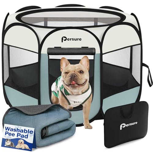 Image of Dog Cat Playpen Indoor Outdoor for Puppy Pet Dog Cat Recovery After Surgery | Dog Tent Crates Cage Indoor /Outdoor, Portable Pop Up Kennel with Carrying Case for Travel (Grey with Pad, Medium)