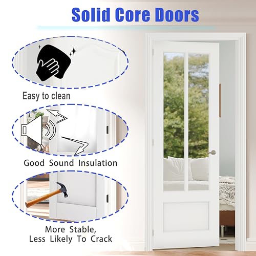 Image of 30 inch x 80 inch Prehung Door, Right-Handed, 2-Lite Mirror Interior Door with Pantry /Bedroom, White MDF with Hardware Kit