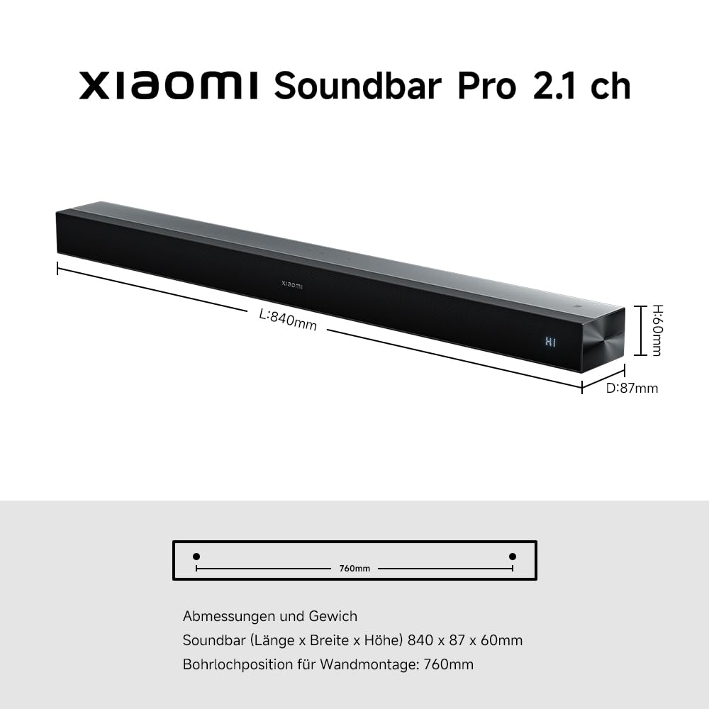 XIAOMI Soundbar Pro 2.1ch, TV-Soundbar 300W Max., kraftvoller Bass mit externem kabellosem Subwoofer, unterstützt Dolby Audio™ & DTS Virtual:X, HDMI ARC/Optisch/Koaxial/Bluetooth, Fernbedienung