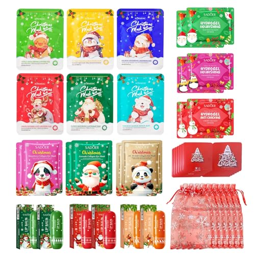 36 Piezas Set Skincare Navideño, con Mascarilla Facial Navideñas, Bálsamo Labial Navideño, Parches Ojos, Mascarilla Labial, para Mujeres Adolescentes