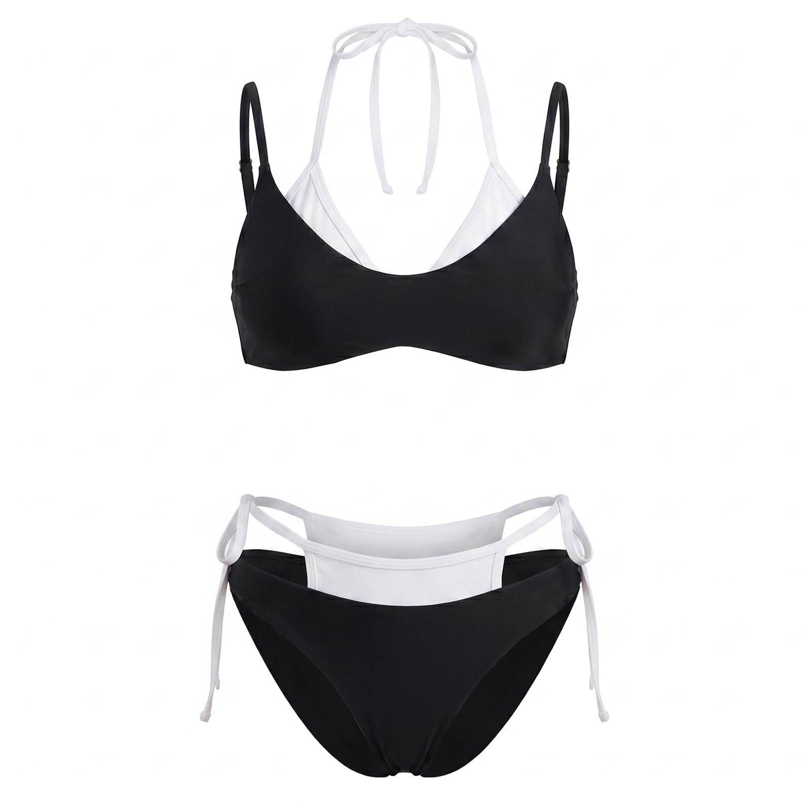 Sexy outfit Damski komplet bikini typu stringi wiązany na szyi Dwuwarstwowy strój kąpielowy z blokiem kolorów, wiązany po bokach na imprezę przy basenie na plaży