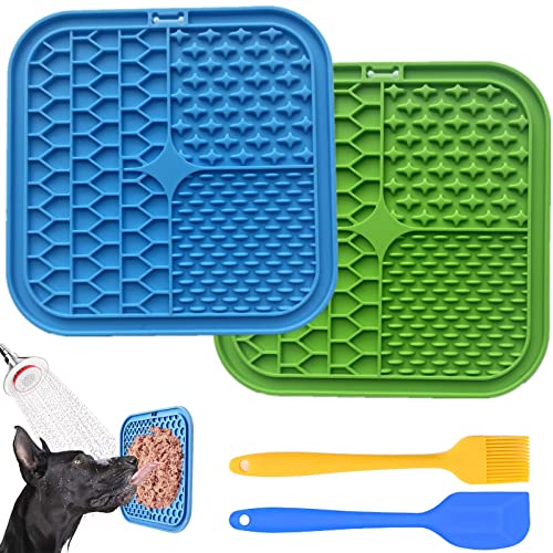 Tapis de Leche Chien, 4Pcs Tapis Léchage Chien avec Ventouse (Leche Chien Vert+ Tapis à Lécher Chat Bleu+ Spatule Bleu+Pinceaux Jaune) pour Friandises/Aliments (Antidérapant, Silicone, sans BPA) (A) Cover