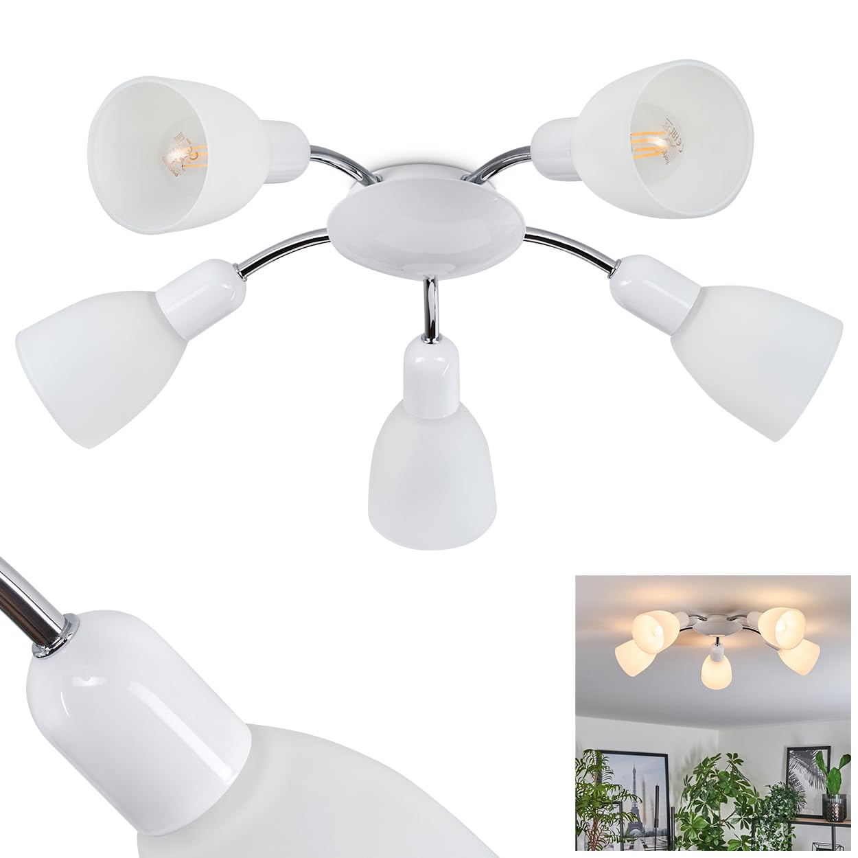 HOFSTEIN Starkeryd Ceiling Light, Metal/Glass Ceiling Light in Chrome/White, Modern Design Light with Glass Shade, 5 x E14 LED incl., 3000 Kelvin, 320 Lumen