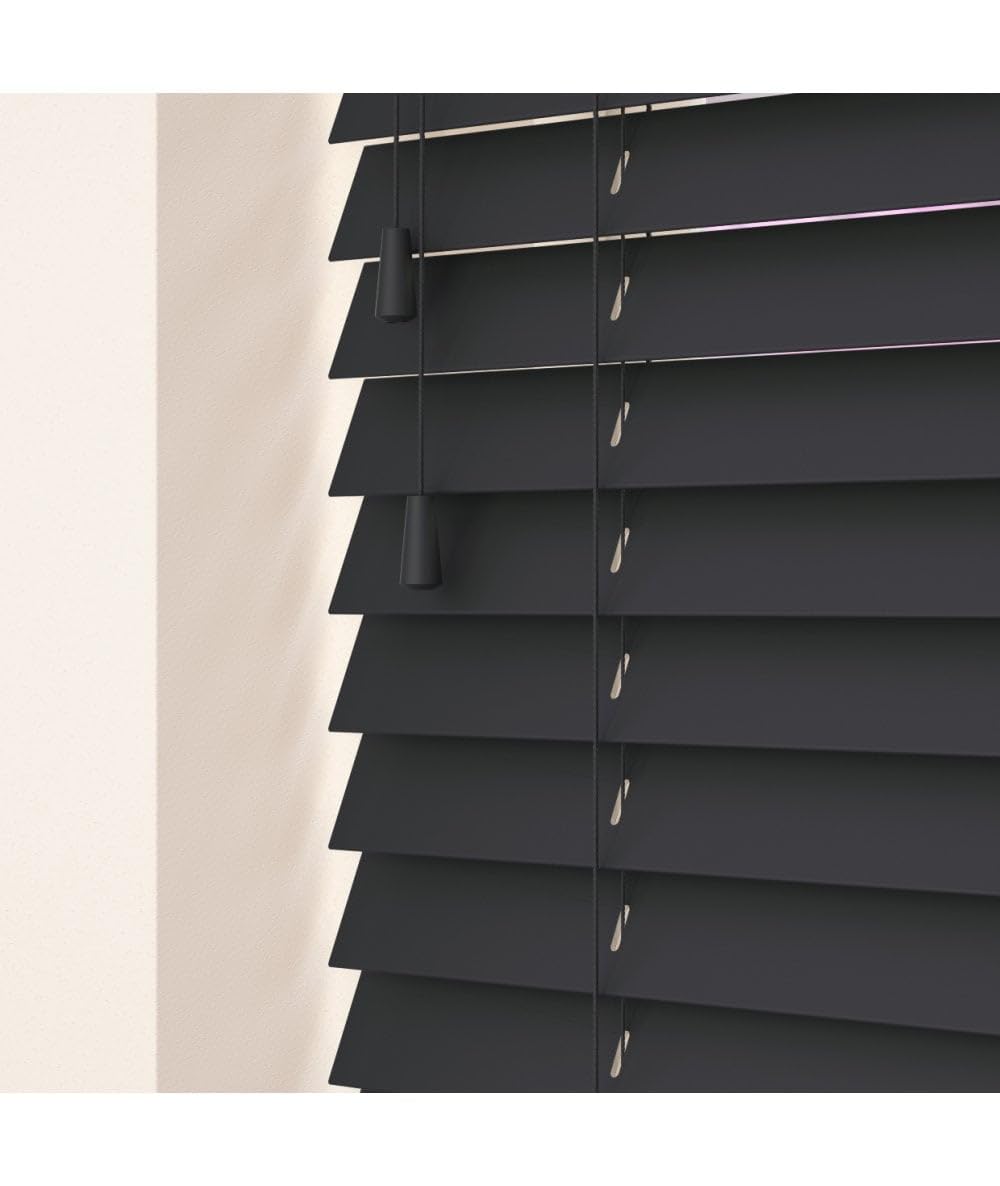 50mm Slat Slate Grey Real Wood Venetian Blind With Strings 120Cm Drop 100Cm Wide from B&Q