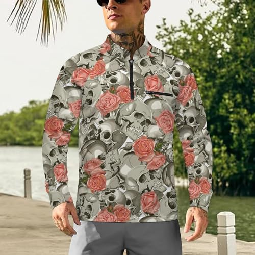 Skull with Roses Pattern Men's Rash Guard Long Sleeves Quick Dry Fishing Workout Shirts with Zipper2