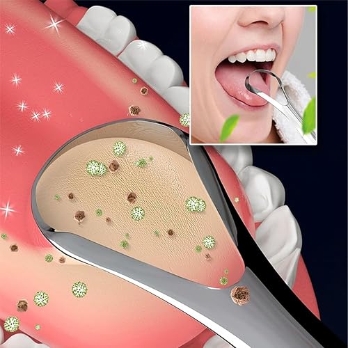 Image of 2 pcs spoon shap Tongue Scraper, 100% Useful Surgical Stainless Steel Tongue Cleaner for Both Adults and Kids, Professional Reduce Bad Breath Metal Tongue Scrapers, Help Your Oral Hygiene