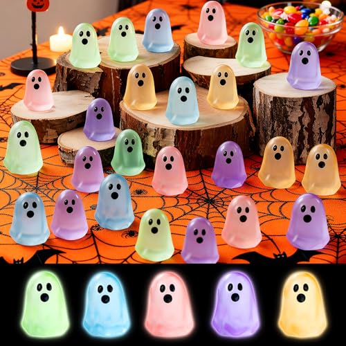 AuraGlaze 50pcs Halloween Mini Ghosts Figures Small Little Resin Ghost Tiny Ghost in The Dark Miniature Figurines for Halloween Plant Pot Landscape Garden Party Decor
