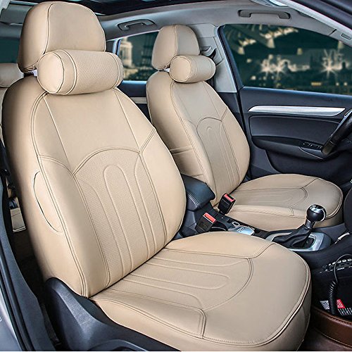 AutoDecorun Front & Rear Full Set Custom Fit Perforated Leatherette Car Seat Covers for Volkswagen VW EOS Beetle Caddy Phaeton UP R36 Car Seat Supports Protectors Airbags Compatible (Beige)