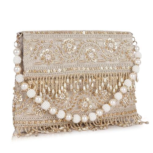 Image of Nevis PU Silk Fabric Women's Embellished bride Clutch with Pearl Handle | Fancy Designe & Wedding Potli Bag for Festive & Evening