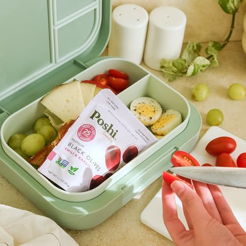 Image of Poshi Green Olives On-The-Go - Original Flavor - Single Serve Pitted Olives - Convenient and Healthy Snack Packs - All Natural, Non-GMO, Kosher, Gluten-Free (Original Chili + Garlic Black Olives, 33 Ounce (Pack of 30))