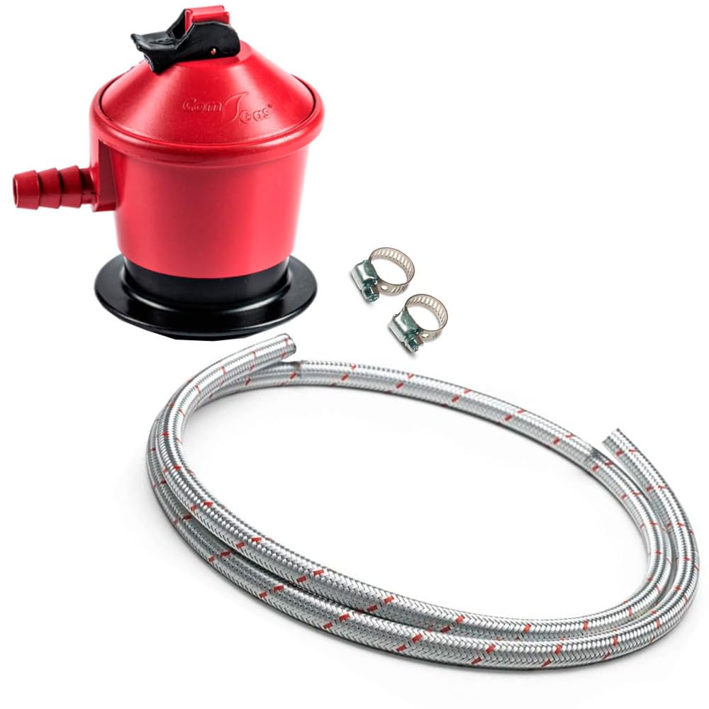 Kit completo butano/propano: Regulador 50 mbrs + Tubo blindado malla acero 2 metros + 2 abrazaderas de seguridad | Apto para cocinas, estufas, calderas y barbacoas de gran potencia. Ideal Hostelería.