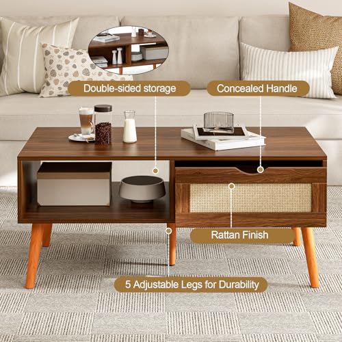 Image of ZttRiee Rattan Coffee Table with Drawer, Mid-Century, Walnut | 39.4 inchL x 19.7 inchW x 16.9 inchH, 220 lbs capacity, 1 rattan drawer & open compartments, solid wood legs, ~30 min assembly