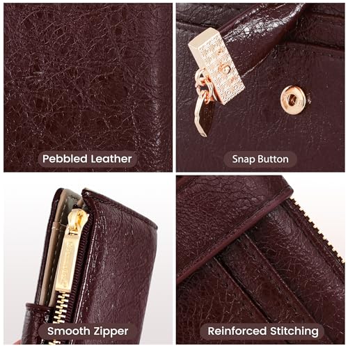 Image of Pomelo Best Wallet Women Bifold Leather Wallets for Women Credit Card Holder with ID Window Zipper Coin Pocket Dark Red