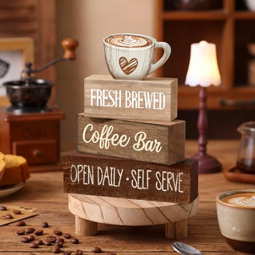 Image of Moucuny 4 Pcs Farmhouse Coffee Bar Signs Decor Wooden Cup Rise & Shine It's Coffee Time Rustic Wood Cafe Sign Gift for Home Kitchen Tabletop Decor