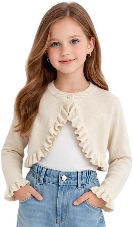 Girls Bolero Cardigan Shrug Ruffle Trim Long Sleeve Crop Kids 3–13 Party