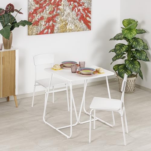 Baroni Home Essgruppe 3-teilig, modernes Design, leicht, Esstisch mit 4 Stühle Set, Esszimmer, Balkon, Restaurant, aus MDF und Stahl, einfache Montage, Quadratisch, Weiß