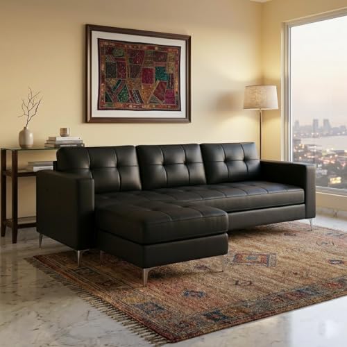 Image of CASASTYLE Creamoy 4 Seater L Shape Sofa Set with Movable Ottoman | Flexible Left or Right Layout | Premium Leatherette | Soft Touch Seating | Durable & Comfort Ideal Sofa for Living Room (Black)