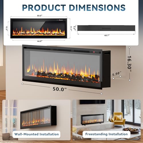 Image of EUHOMY 50 Inch Electric Fireplace Recessed Wall Mounted Freestanding with Remote Control, Ultra-thin Fireplace Heater with Adjustable Flame Color, Linear Fireplace with Timer, Log & Crystal, 750 /1500W