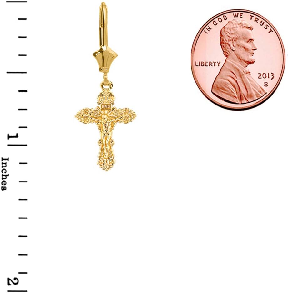 Dainty 14k Yellow Gold Floral INRI Crucifix Cross Earrings