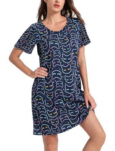 Image of ENJOYNIGHT Womens Cotton Nightgown Short Sleeve Sleepshirt Print Nightshirt | Short-Sleeve Crew Neck, Soft Cotton Fabric, Cartoon Printed Sleep Shirt, Loose Fit