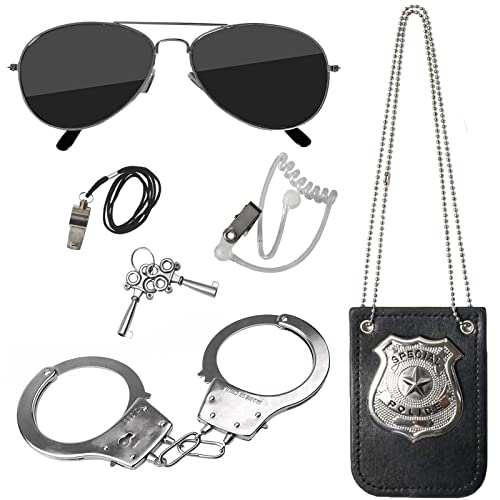 Hifot 5 piezas Accesorios Disfraz Policia, Placa de policía y esposas de juguete Gafas de Sol Policía Juguete Kit para Niños Halloween Fiesta Carnaval Juego de Roles Accesorios