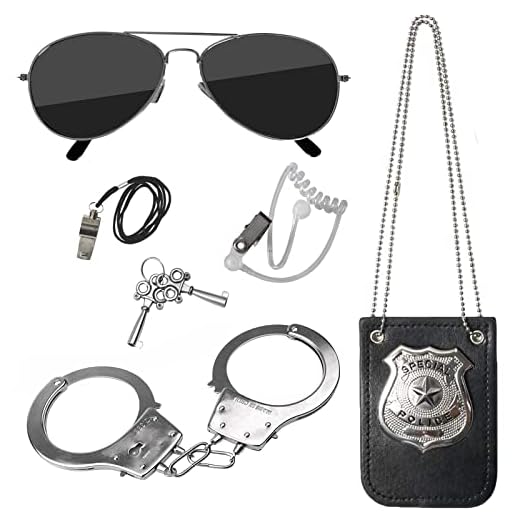 Hifot 5 piezas Accesorios Disfraz Policia, Placa de policía y esposas de juguete Gafas de Sol Policía Juguete Kit para Niños Halloween Fiesta Carnaval Juego de Roles Accesorios