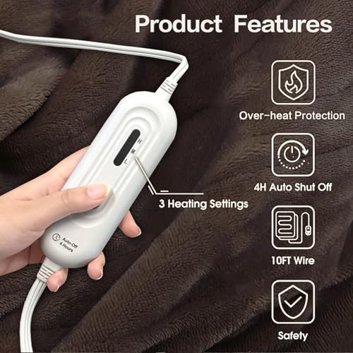 Image of Tefici Electric Heated Blanket Throw, Super Cozy Soft 2-Layer Flannel 50 inch x 60 inch Heated Throw with 3 Heating Levels & 4 Hours Auto Off, Machine Washable, ETL&FCC Certified, Home Office Use,Brown
