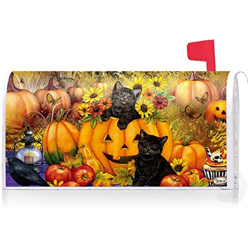 Image of Texupday Fall Harvest Sunflower Pumpkin Black Cat Mailbox Cover with Magnetic Strip Autumn Thanksgiving Mailbox Wraps Post Letter Box Cover Standard Size 21 inch X 18 inch for Garden Outdoor Yard Decor