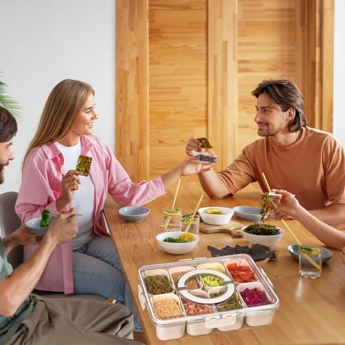 Lahnaokfis 8 Fächern Snackbox mit Fächern, Snackteller mit Deckel, Snackschale mit Griff, Tragbar und Vielseitige Snackbox Organizer, Kinder Obstbox Snackdose für Familientreffen und Picknicks